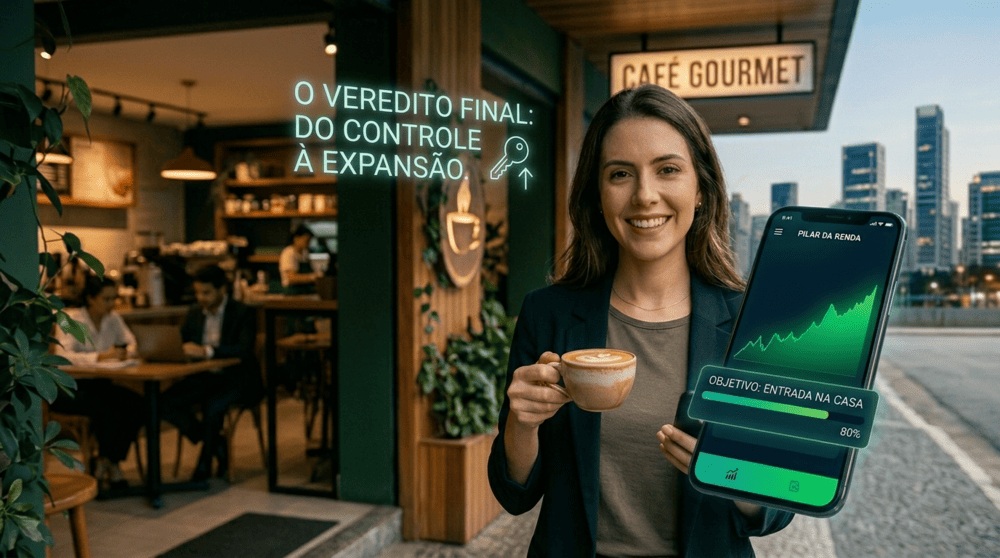 Mulher com xicara de café entendo a farsa do cafezinho.