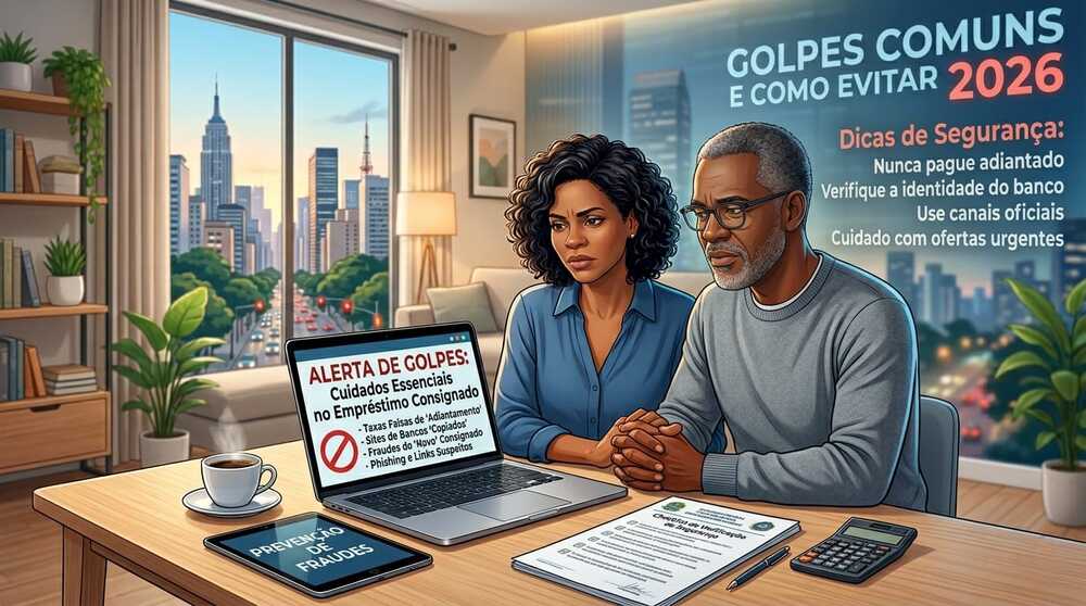 Homem e mulher sentados a mesa lendo no notebook cuidados essenciais para não cair em golpes ao procurar para fazer empréstimo consignado em 2026.