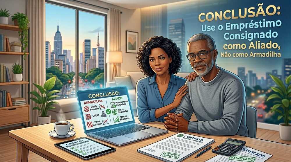 Homem e mulher sentados a mesa lendo no notebook a conclusão de compensa contratar empréstimo consignado em 2026.