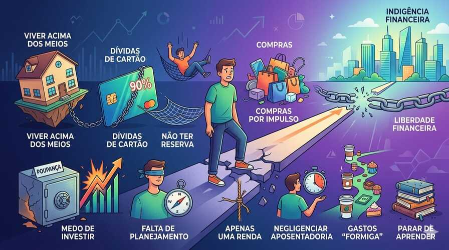 Homem sobre uma passarela mostrando os 10 erros financeiro que te mantém pobre.