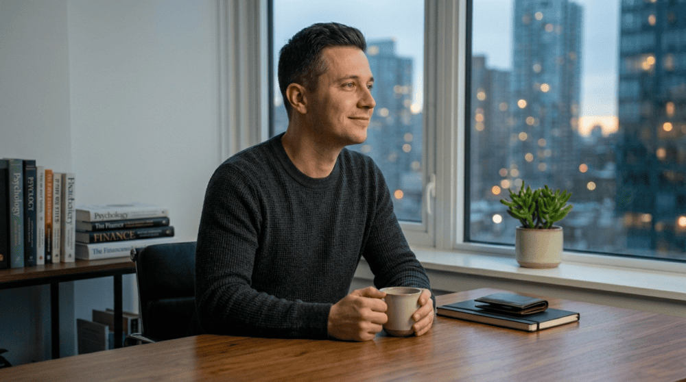 Homem feliz depois de ler o artigo sobre psicologia do dinheiro.