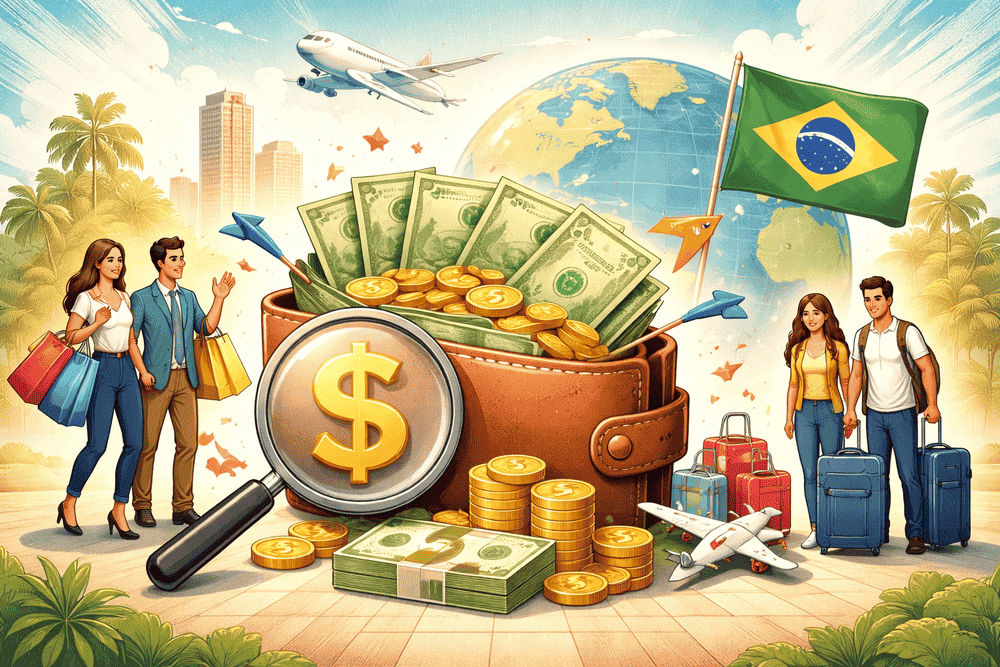 Pessoas aproveitando a queda do dólar para fazer comprar e viajar. Queda do Dólar em 2026: Real Mais Forte.